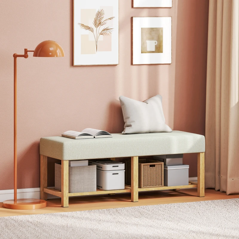 HOMCOM Schuhbank, Aufbewahrungsbank mit gepolstertem Sitz, offenes Regal, Hevea-Holz, 120x44x48cm, Naturholz