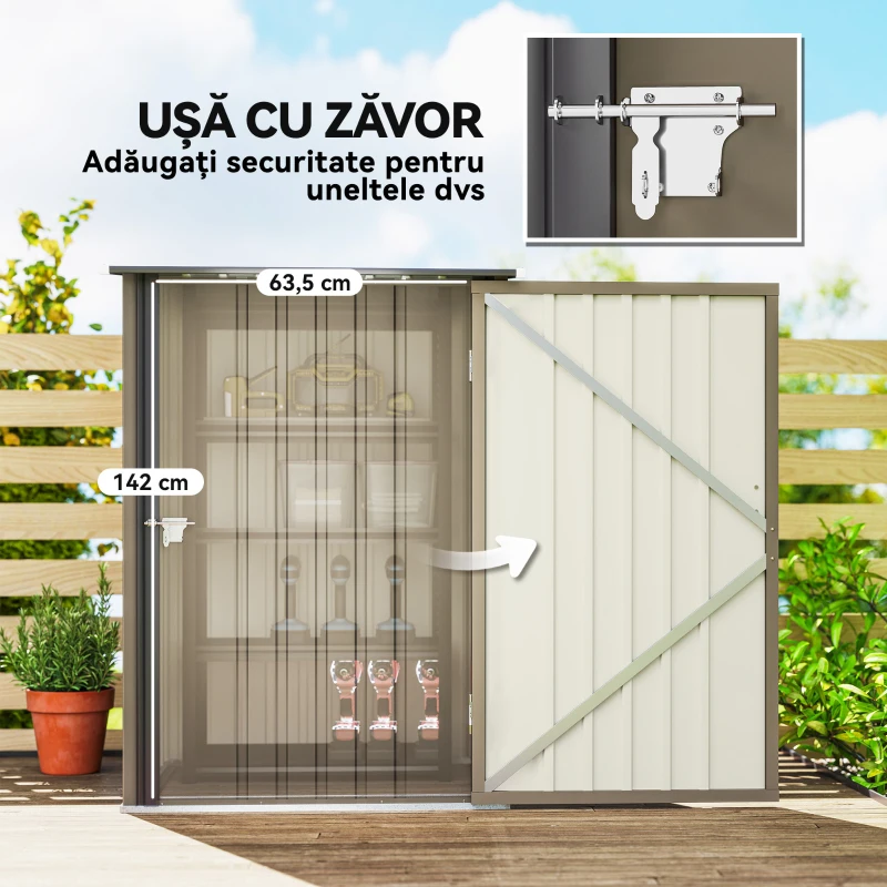 Outsunny Căsuță de Grădină 0.92m² din Oțel Galvanizat, Căsuță pentru Unelte cu Ușă Blocabilă și Acoperiș Înclinat, 100x104x160 cm, Maro și Gri Închis