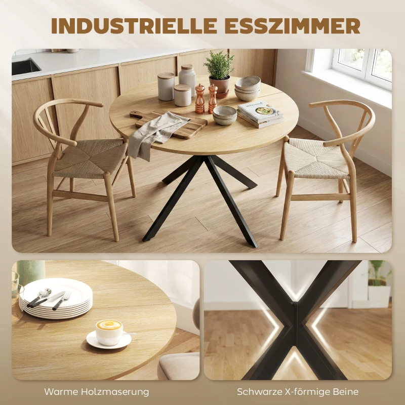 HOMCOM Ronde eettafel voor 4 personen, keukentafel in industrieel design met stalen poten, voor eetkamer, keuken, eiken