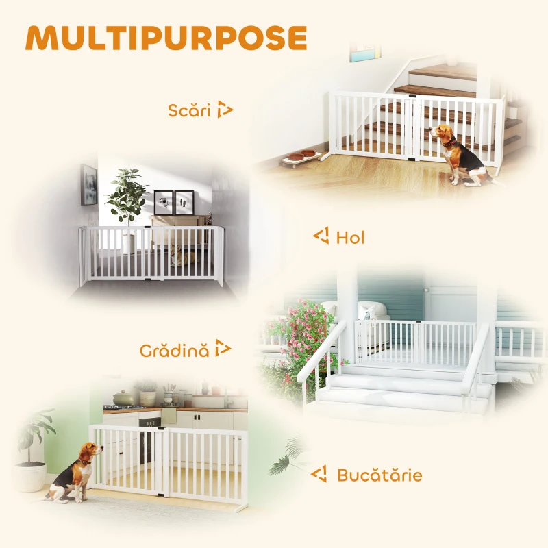 PawHut Poartă pentru Câini Pliabilă de Siguranță Extensibilă 102-183 cm cu 2 Suporturi Detașabile, Panouri Laterale, Poartă din Lemn pentru Câini de Talie Mică și Medie, Barieră Protectoare pentru Scări