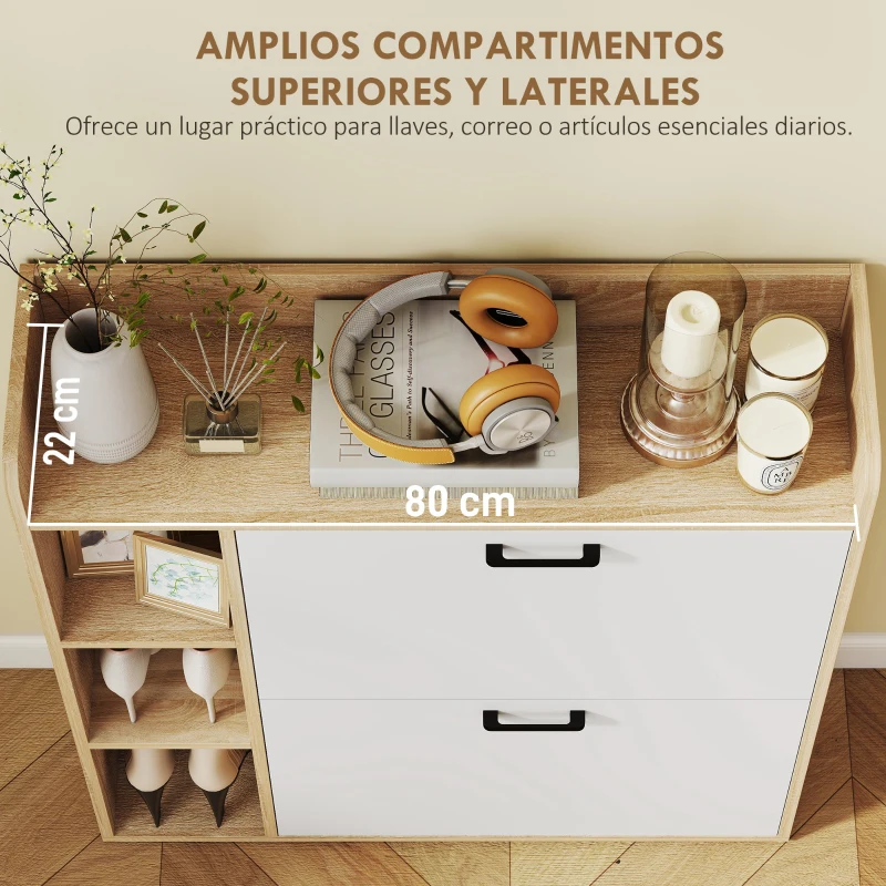 HOMCOM Zapatero Estrecho con 2 Puertas 3 Estantes Laterales y Estantes Ajustables para 15 Pares de Zapatos Natural y Blanco