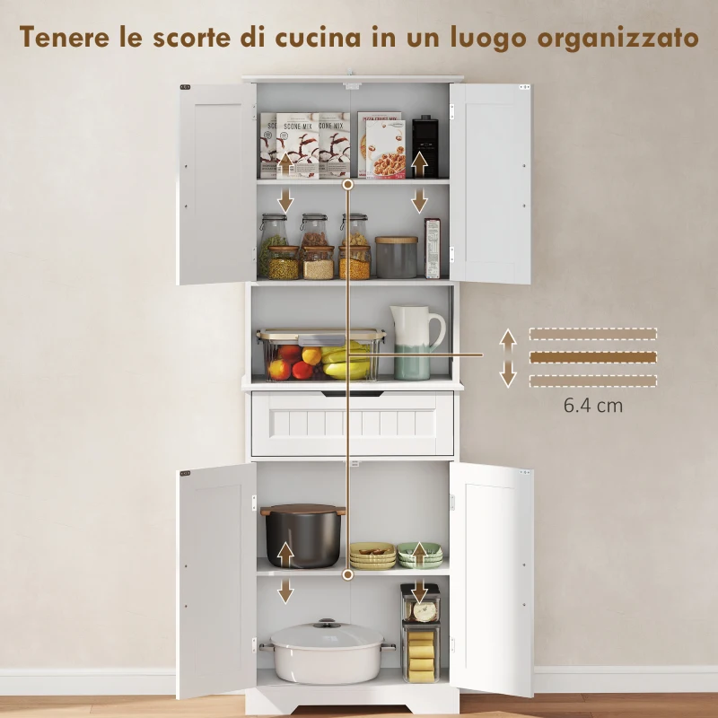 HOMCOM Credenza Cucina con 2 Armadietti e Cassetto, Piano Centrale Aperto e Ripiani Regolabili, Bianco