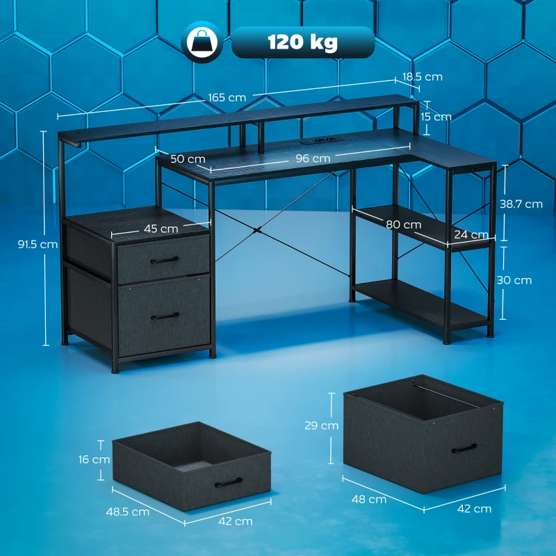 HOMCOM Birou Gaming în formă de L cu prize multiple, LED-uri, 165x80 cm, birou PC cu 2 sertare din material textil, 2 rafturi deschise, măsuță laterală și 2 suporturi monitor, din PAL și oțel, Negru