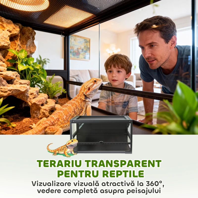 PawHut Terariu pentru Reptile Ridicat și Pliabil 60x45x32 cm cu Încuietoare, Ușă pentru Alimentare, Ventilație și Vizualizare la 360°, Terariu cu Plasă Metalică pentru Șopârle, Păianjeni, Șerpi, Negru