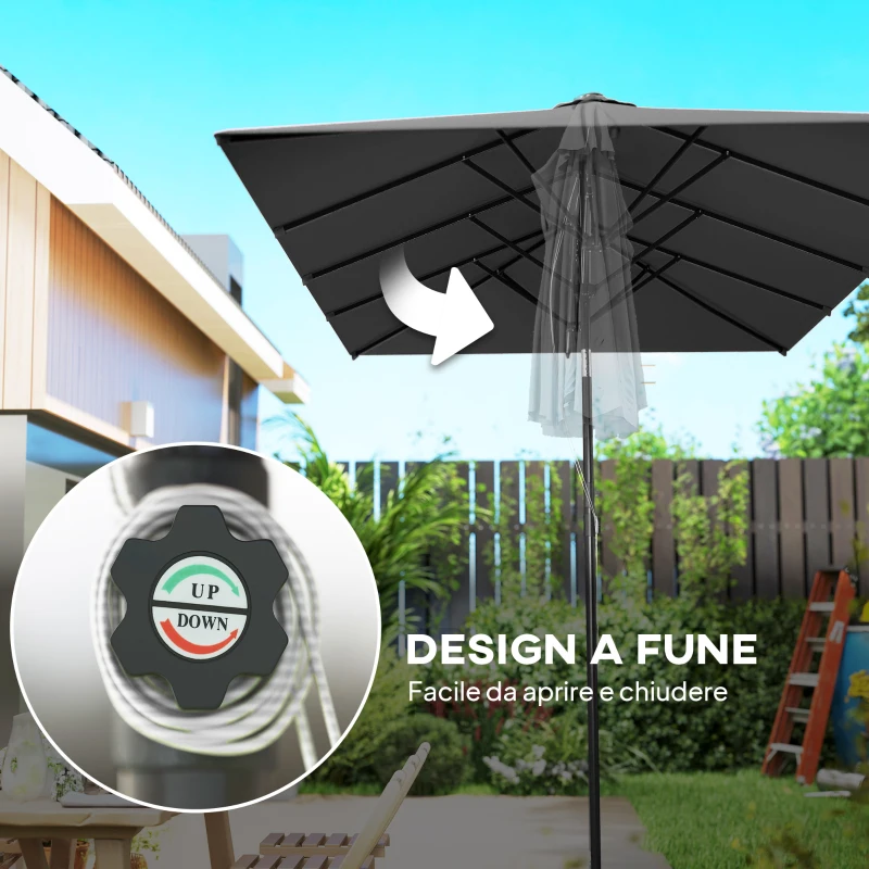 Outsunny Ombrellone Doppio Inclinabile e Regolabile con Cordicella, in Poliestere e Metallo, 150x295x170-214 cm, Grigio