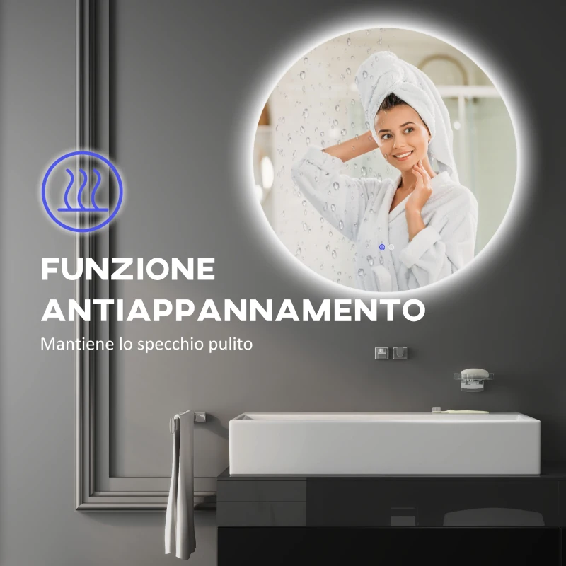 kleankin Specchio Bagno con Luci LED Regolabili, Interruttori Touch e Design Antiappannamento, Ø80 cm