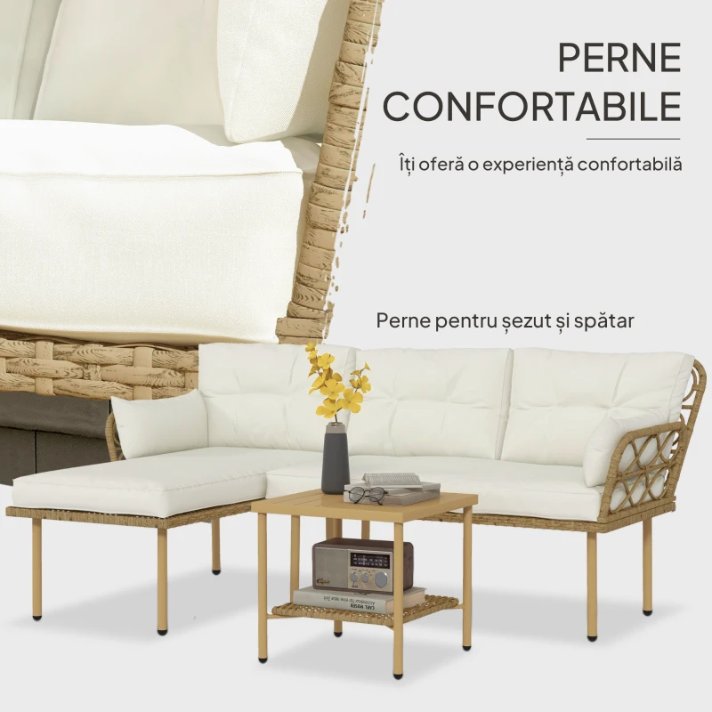 Outsunny Set Mobilier Grădină 4 Persoane, 3 Piese cu Măsuță de Cafea, Perne Confortabile Incluse, Ratan Crem
