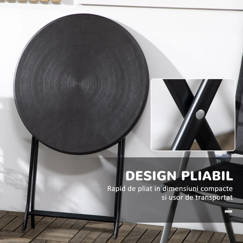 Outsunny Masă de Grădină Rotundă, Pliabilă, pentru 2 Persoane, Efect Lemn, Oțel+Plastic, Gri Închis, 60 x 60 x 73 cm