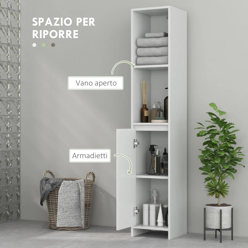HOMCOM Colonna Bagno Salvaspazio con Armadietto e 2 Vani Aperti, 30x30x160cm, Bianco