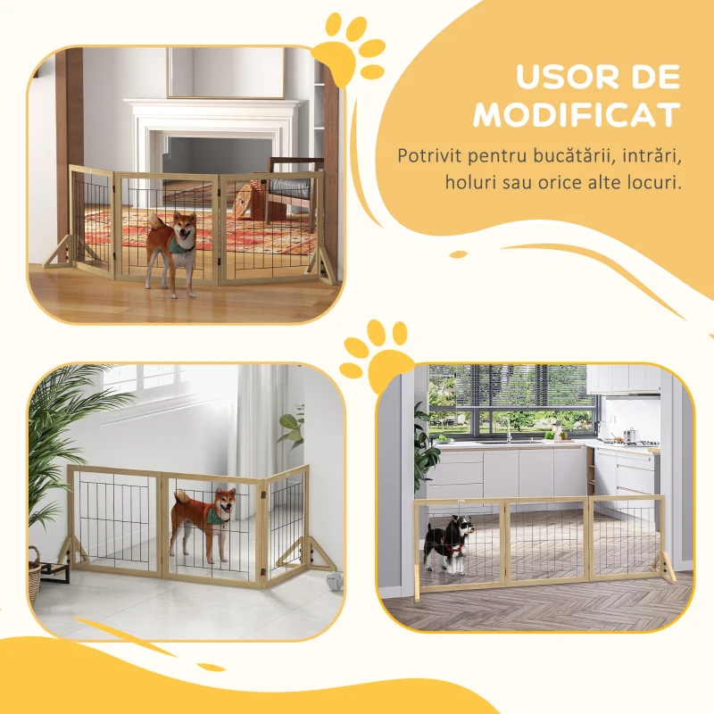 PawHut Gard pliabil pentru câini, gard de siguranță pentru animale de companie și căței cu 3 panouri și suporturi triunghiulare, 210x70 cm, lemn natural
