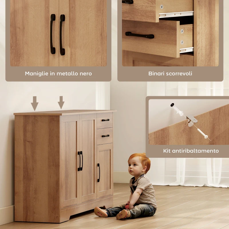 HOMCOM Mobile Cucina con 2 Cassetti e 3 Armadietti, Ripiani Regolabili, 120x38x79 cm, Rovere