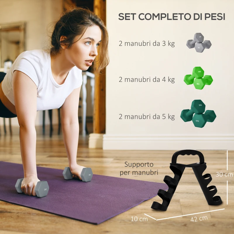 SPORTNOW Set Manubri con Supporto, 3 Coppie di Pesi da 2 x 3 kg, 2 x 4 kg, 2 x 5 kg, Multicolore