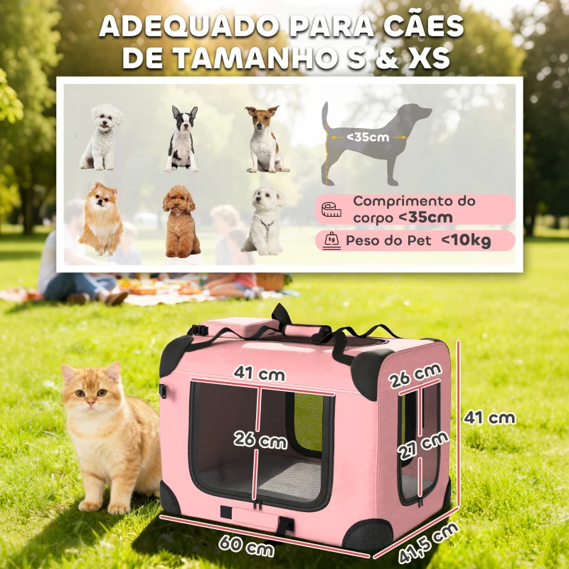 PawHut Transportadora Dobrável para Cães 60x41,5x41 cm com Janelas de Rede, Almofada Macia e 2 Alças para Mini Cães e Gatos Rosa