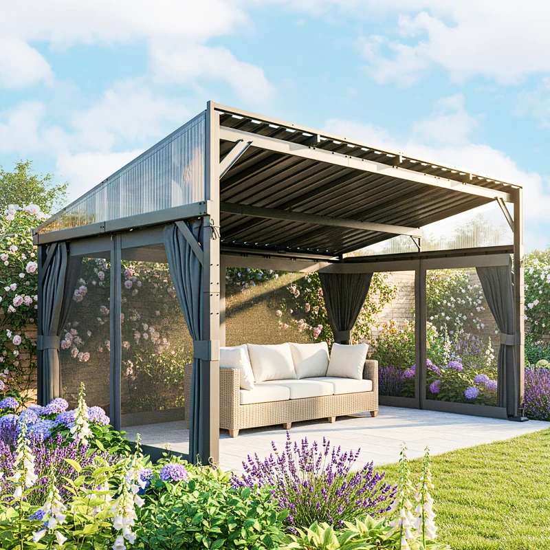 Outsunny 4.3 x 3 m Garden Pergola with Galvanised Steel Roof, Lean to Pergola Gazebo with Netting Curtains, Dark Grey