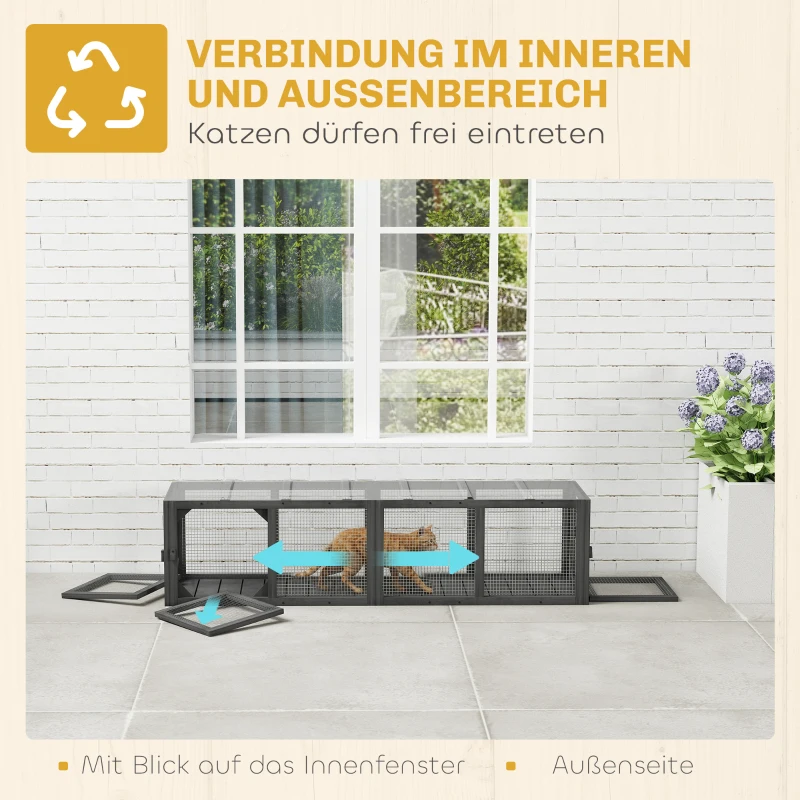 PawHut Katzentunnel Katzenspielzeug aus Holz mit 3 Türen, erweiterbar Spieltunnel für Katzen bis 10 kg, 151,5 x 38,5 cm Grau