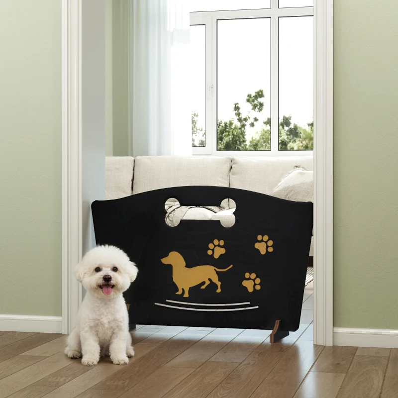 PawHut Wooden Dog Stopper, Dog Barrier with Support Feet, for Stair, Patio, Very Easy Setup, Black, 75 x 51 cm