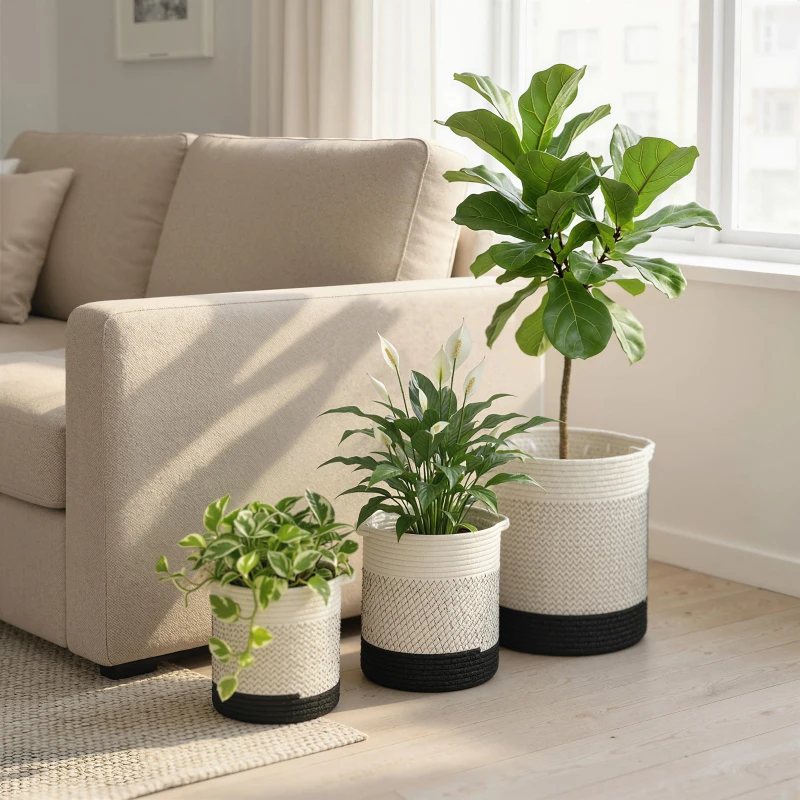 Outsunny Plant Pots Handwoven Cotton Indoor Planters with Waterproof Liner Set of 3 White