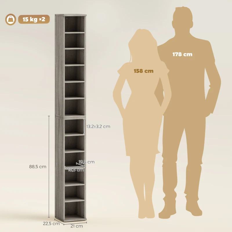 HOMCOM Set mit 2 CD-Regalen mit höhenverstellbaren Einlegeböden, platzsparend für 204 CDs, CD-Aufbewahrung mit 12 Fächern, für Wohnzimmer, Schlafzimmer, Büro, 21x22.5x88.5cm, Grau im Used-Look