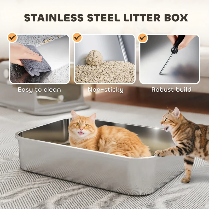 PawHut XXL Stainless Steel Cat Litter Tray, Enclosed Cat Litter Box with 90° Flip Cover, Double Doors, Scoop, Easy Clean, Grey