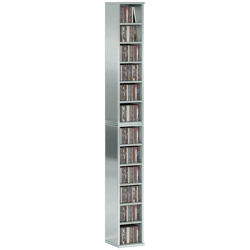 HOMCOM Set of 2 CD Media Display Shelf Unit Tower Rack with Adjustable Shelves, High Gloss Grey