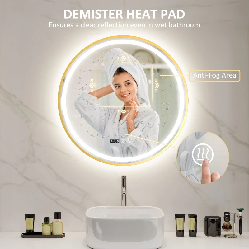 HOMCOM 80cm Anti-Fog LED Bathroom Mirror - Gold Tone