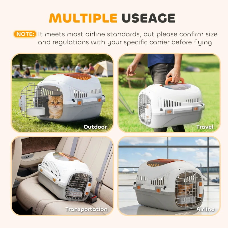 PawHut Plastic Pet Carrier Hard Shell Dog Cat Carrier Max 4 KG Steel Door Feed Bowl Secure Lock 49 x 32 x 31 cm