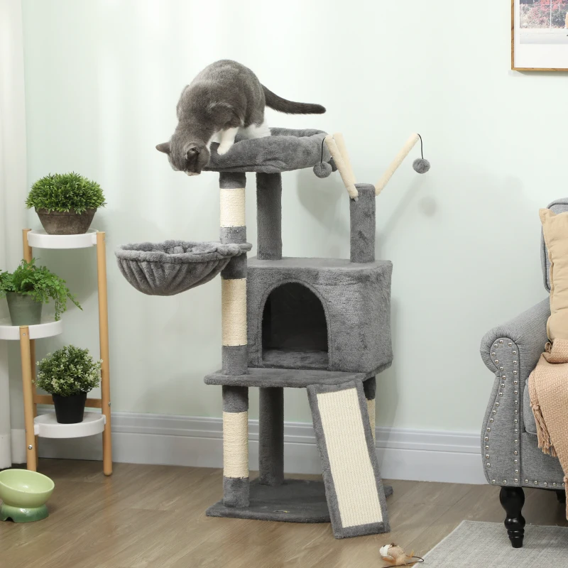 PawHut Arbre à chat tour de jeux pour chats griffoirs et tapis en sisal, plate-forme, niche, hamac, 40,5 x 40,5 x 103 cm, gris