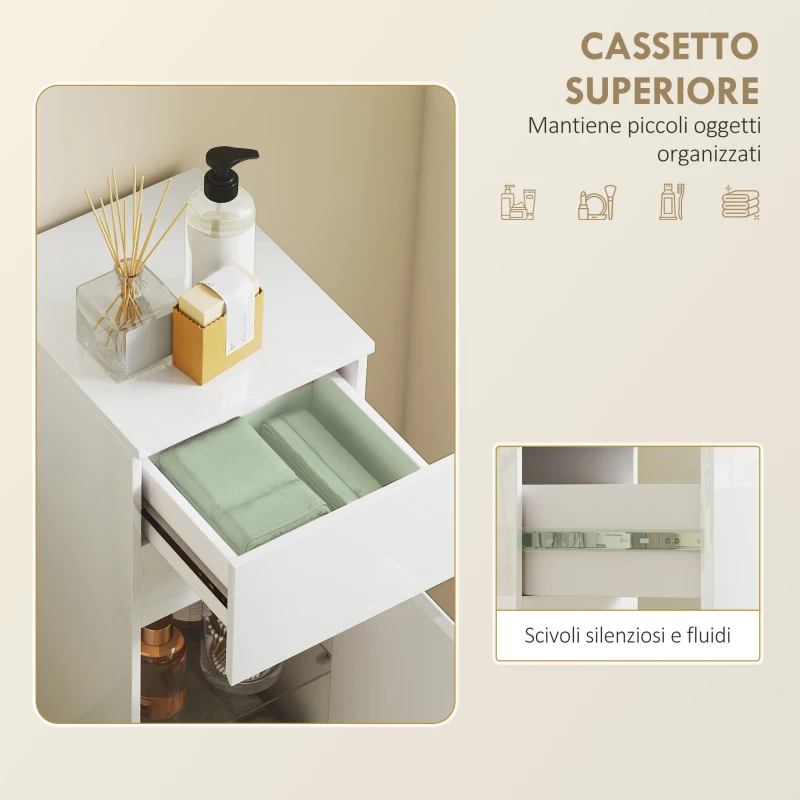 HOMCOM Mobiletto Bagno Sospeso con Cassetto, Anta Lucida e Ripiano in Vetro Regolabile, Bianco