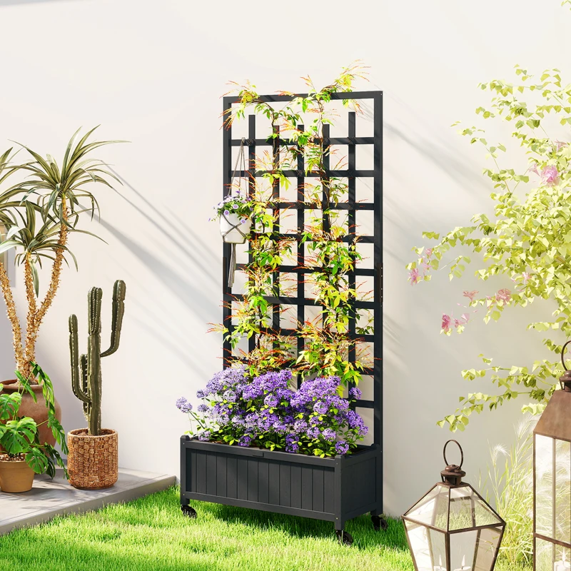 Outsunny Wooden Trellis Planter, Raised Garden Bed with Wheels, to Climb and Grow Vegetables, Herbs and Flowers, Grey