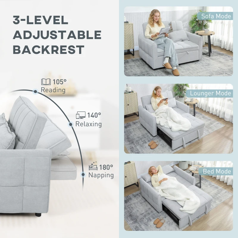 HOMCOM 2 Seater Sofa Bed, 3-in-1 Convertible Sleeper Sofa with Click-clack Adjustable Backrest and 2 Pillows, Light Grey