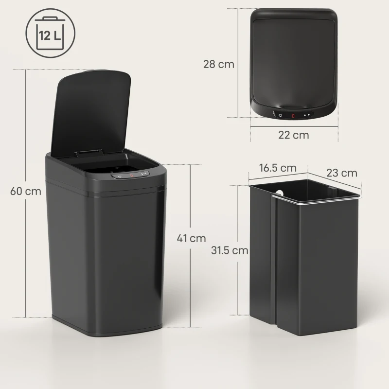 HOMCOM 12L Sensor Bin, Automatic Touchless Motion Sensor Kitchen Bin with Fingerprint Resistant Stainless Steel, Black