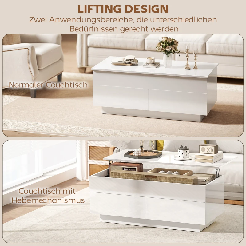 HOMCOM Hoogteverstelbare salontafel, moderne woonkamertafel met verborgen opbergruimte en 2 lades, hoogglans wit