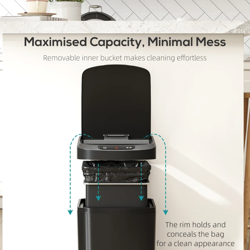 HOMCOM 12L Sensor Bin, Automatic Touchless Motion Sensor Kitchen Bin with Fingerprint Resistant Stainless Steel, Black