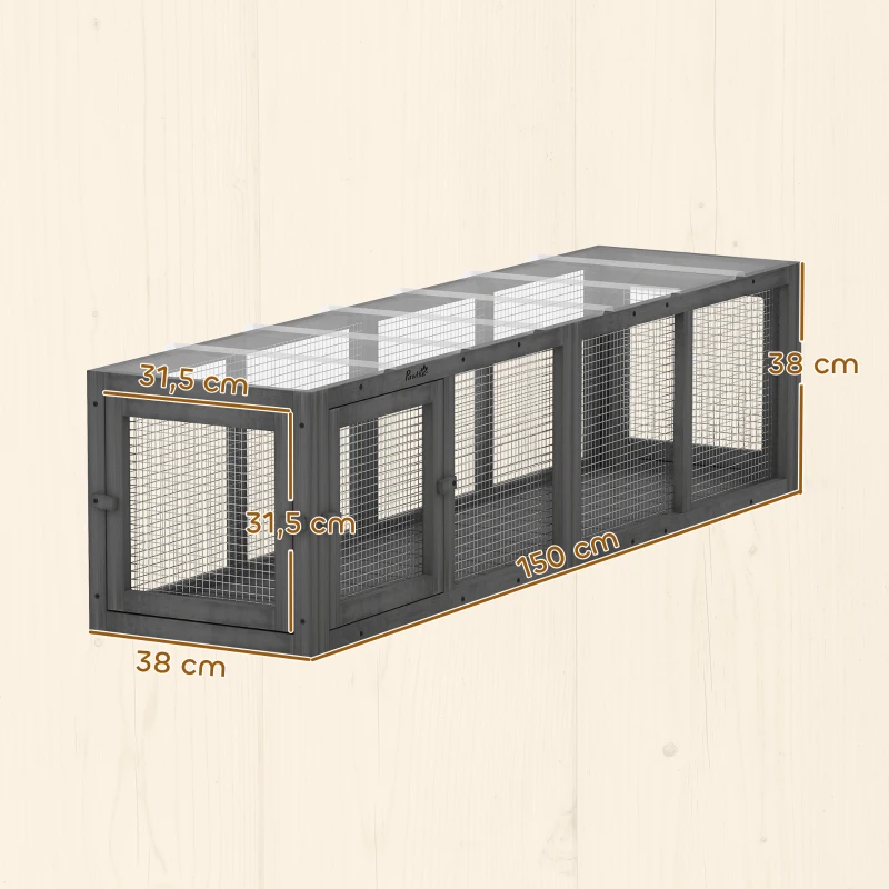 PawHut Katzentunnel Katzenspielzeug aus Holz mit 3 Türen, erweiterbar Spieltunnel für Katzen bis 10 kg, 151,5 x 38,5 cm Grau