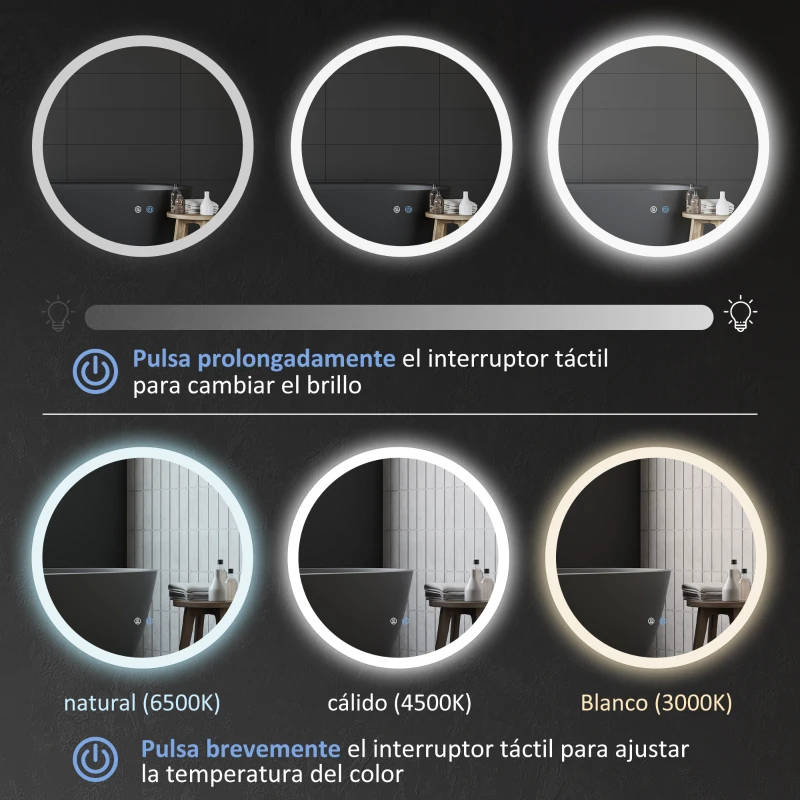 kleankin Espejo de Baño Redondo con Luces LED Ø60x3 cm Espejo Antivaho 3 Luces de Colores Función de Memoria Interruptor Táctil