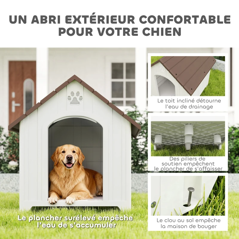 PawHut Niche pour chien extérieur, maison chien en polypropylène imperméable, ventilé, plancher surélevé, gris clair