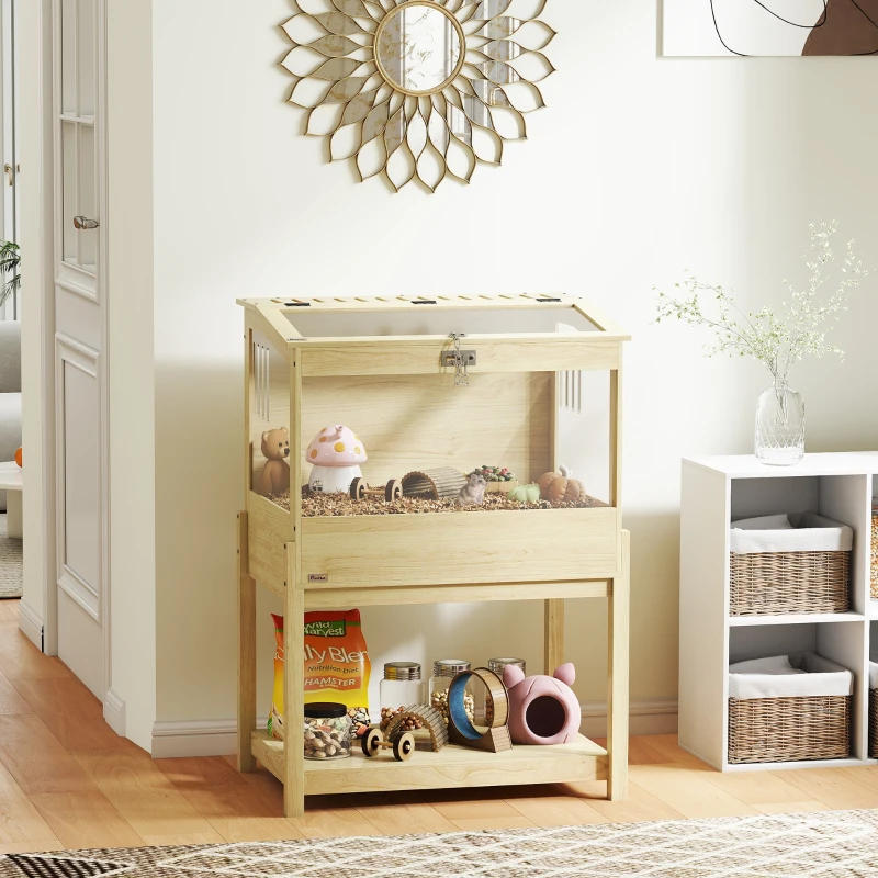 PawHut Cage à hamster en bois surélevée avec plateau de rangement couvercle ouvrable 83,2 x 50 x 103 cm effet bois naturel
