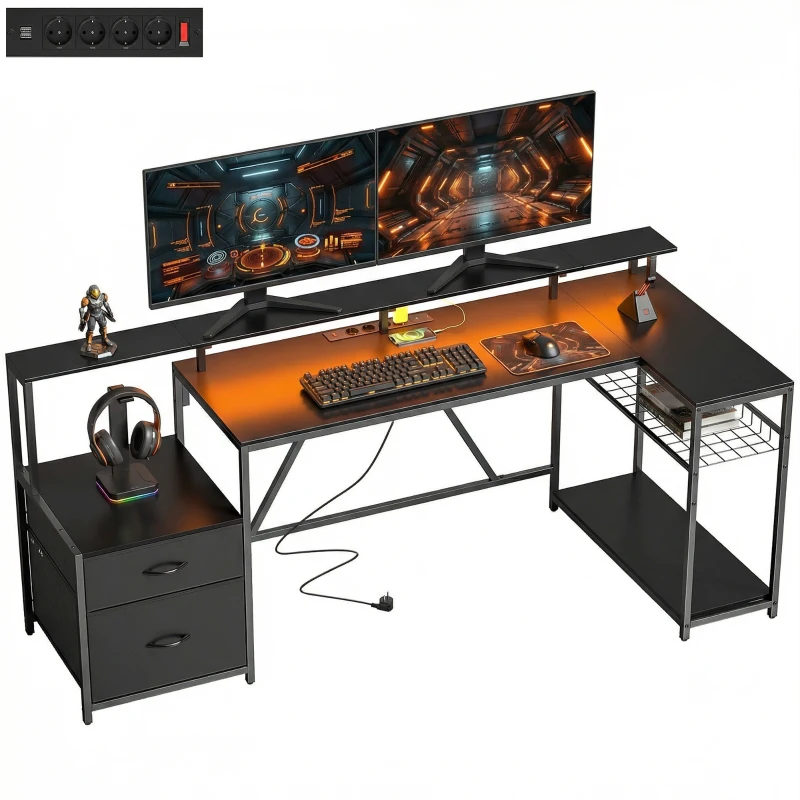 HOMCOM Eck-Gaming-Schreibtisch mit Lade-Hub, LED-Leuchten und Monitorhalter, aus Holz und Stahl, 192.5x80x86.5 cm, Schwarz