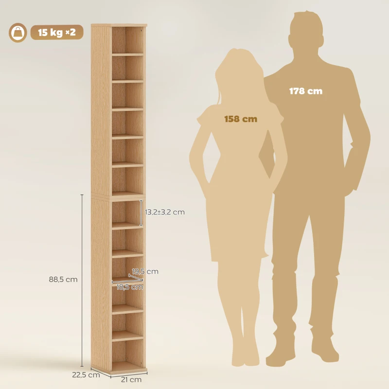 HOMCOM Set de 2 Muebles Porta CD con Estantes Regulables, Estantería para 204 CD Ahorra Espacio, Mueble Porta CD con 12 Compartimentos, para Salón, Dormitorio, Oficina, 21x22.5x88.5cm, Color Madera