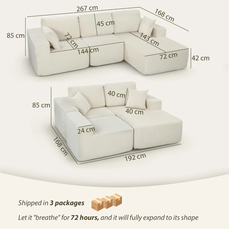 HOMCOM Divano ad angolo modulare 2 in 1, 3 posti, in velluto a coste, sedute e braccioli larghi, Crema