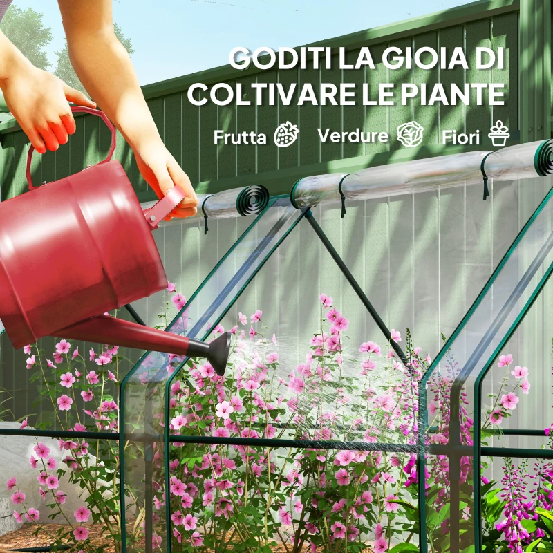 Outsunny Mini Serra da Giardino a 4 Porte Arrotolabili con Copertura Allungata, in Acciaio e PE, 360x90x90 cm, Trasparente