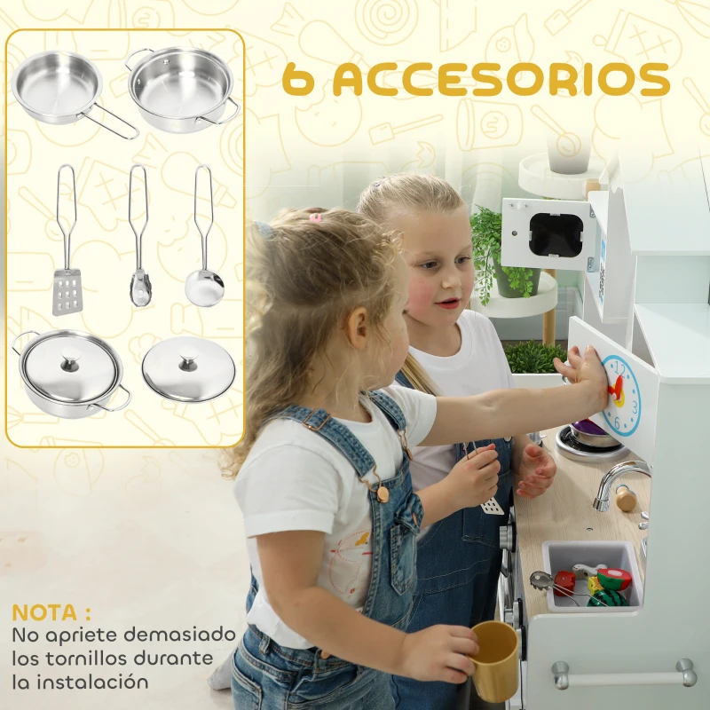 AIYAPLAY Cocina de Juguete de Madera con Sonido y Cortinas Accesorios de Acero Inoxidable para Niños a Partir de 3 Años Blanco