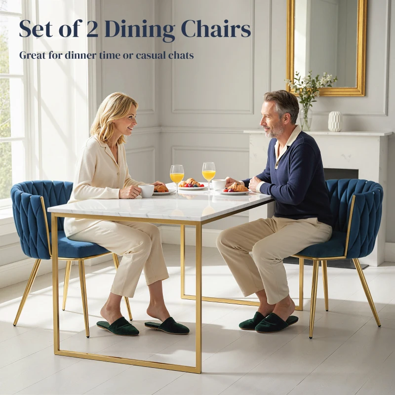 HOMCOM Velvet-Feel Dining Chairs Set of 2, Modern Upholstered Kitchen Chairs with Woven Backrest and Armrests, Metal Legs and Padded Seat for Dining Room, Bedroom, Living Room, Dark Blue