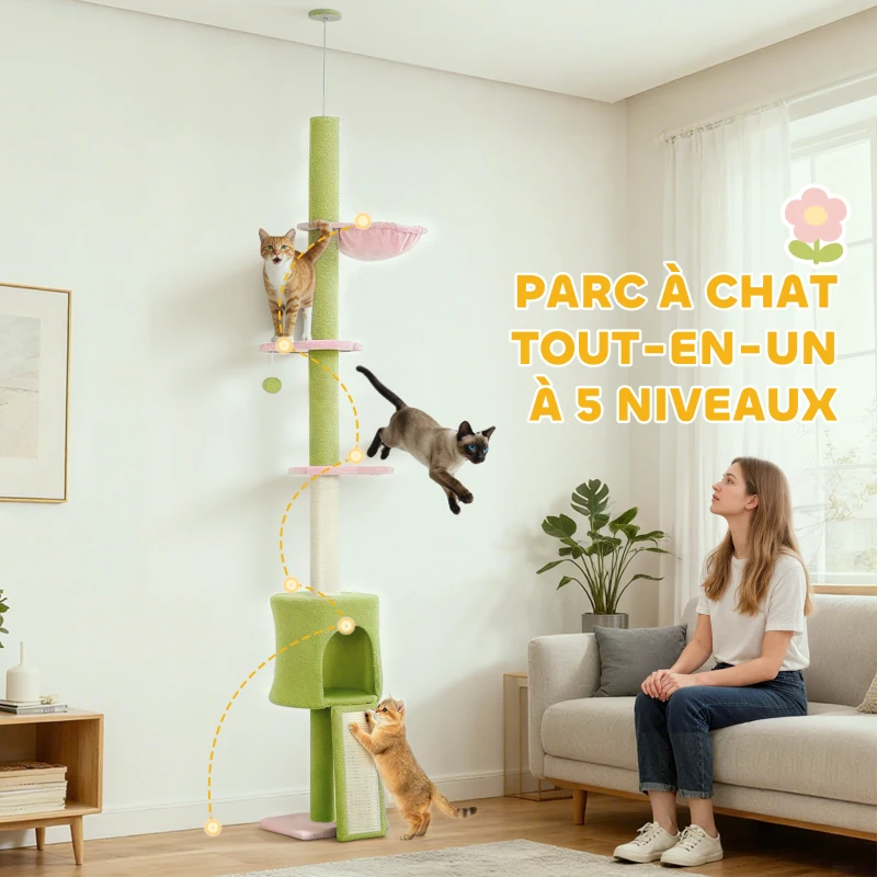 PawHut Arbre à chat du sol au plafond 5 niveaux hauteur réglable 220-240 cm plateformes fleur avec griffoir niche hamac vert
