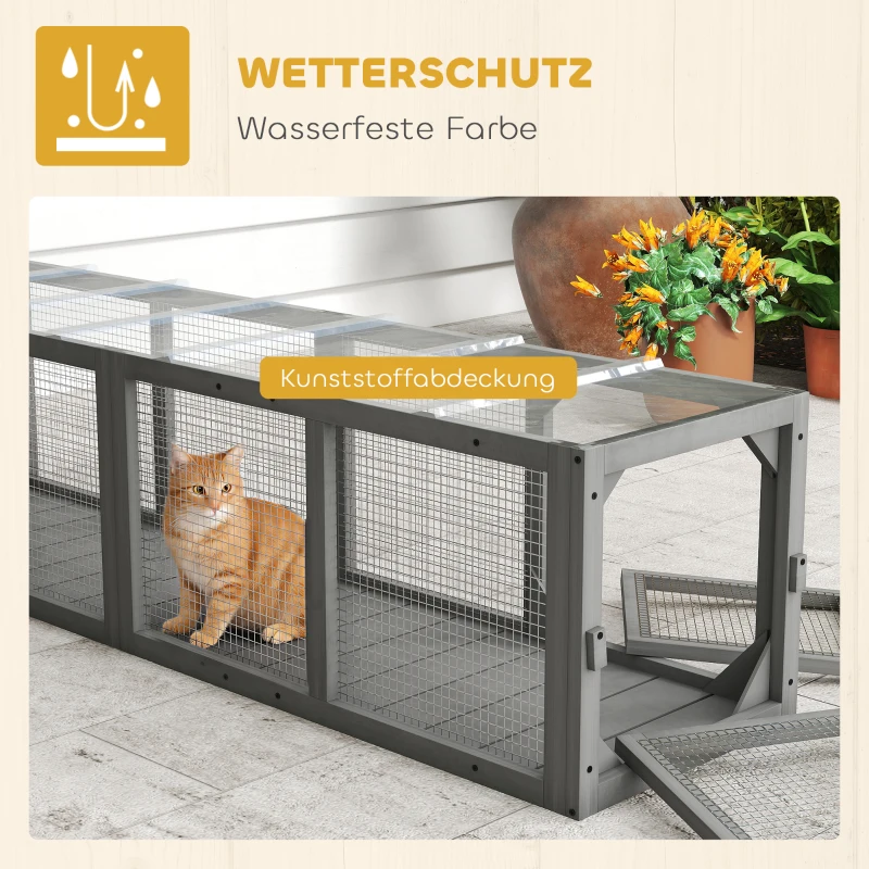 PawHut Katzentunnel Katzenspielzeug aus Holz mit 3 Türen, erweiterbar Spieltunnel für Katzen bis 10 kg, 151,5 x 38,5 cm Grau