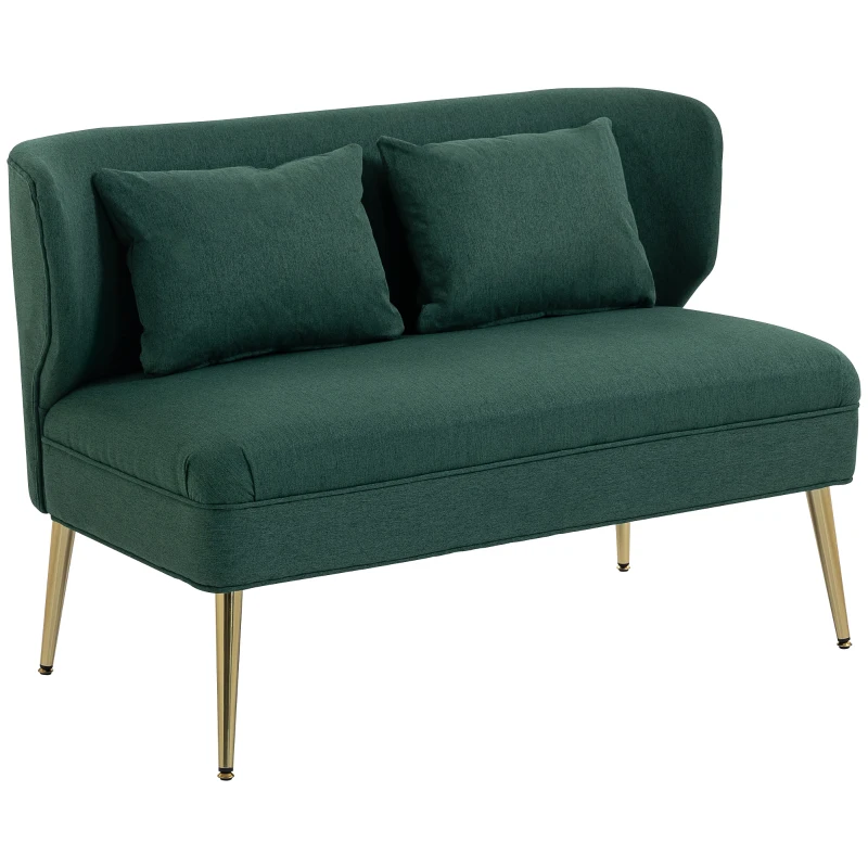 HOMCOM 2 Seater Sofa, Linen-look Fabric Small Sofa with Wing Back, Thick Seat, Metal Legs, Dark Green