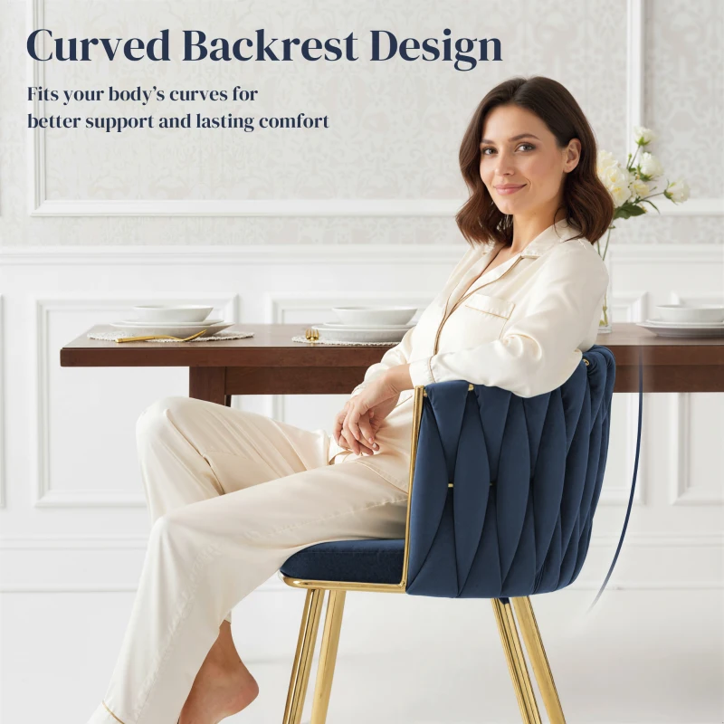 HOMCOM Velvet-Feel Dining Chairs Set of 2, Modern Upholstered Kitchen Chairs with Woven Backrest and Armrests, Metal Legs and Padded Seat for Dining Room, Bedroom, Living Room, Dark Blue