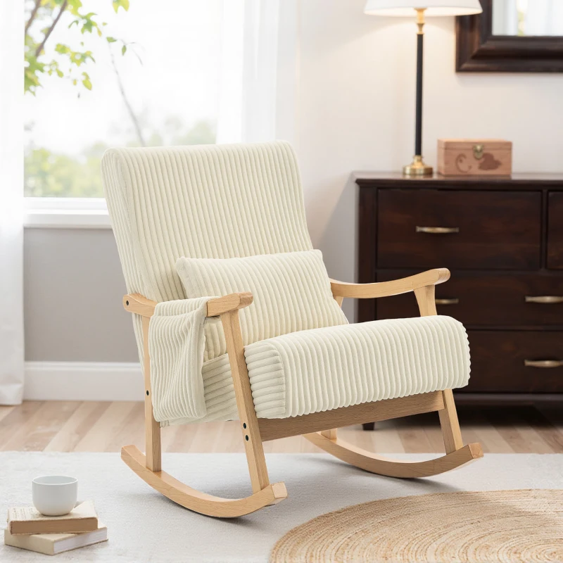 HOMCOM Silla Mecedora de Pana con Cojín Lumbar Patas y Reposabrazos de Madera de Caucho Bolsillo Estilo Moderno Beige