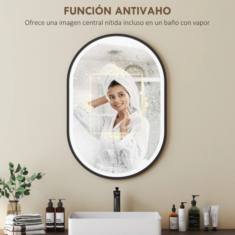 HOMCOM Espejo de Baño con Luz 60x90 cm Espejo de Pared Ovalado 3 Colores de Luz Brillo Regulable Función Antivaho Negro