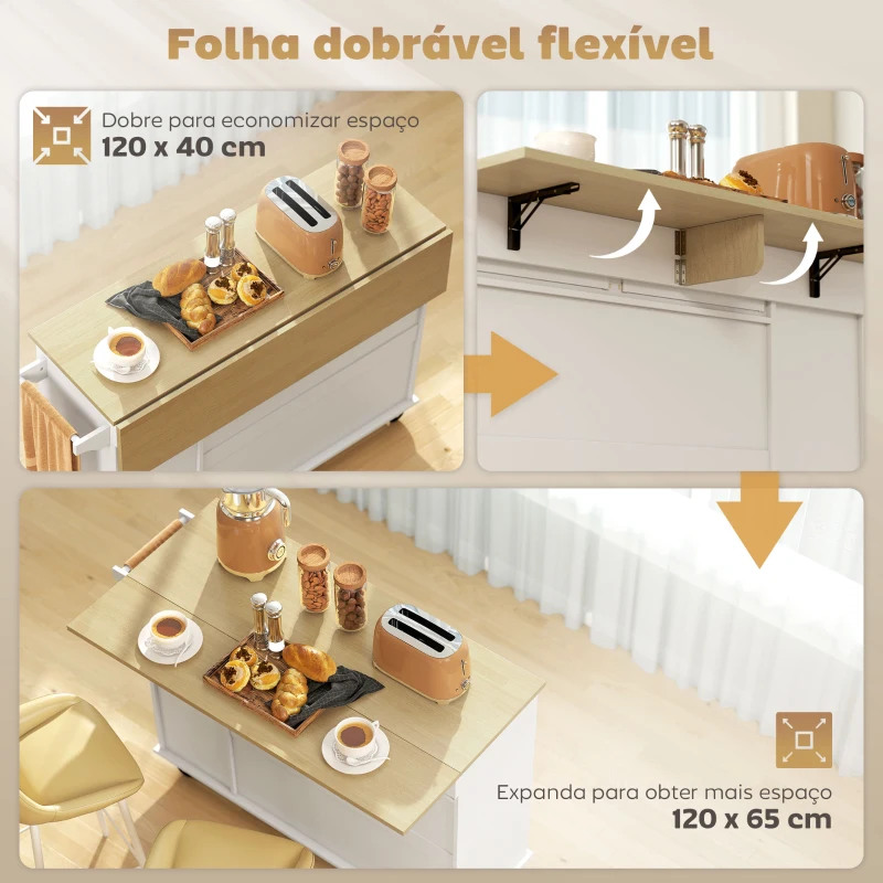 HOMCOM Ilha de Cozinha com Rodas Bancada Dobrável 2 Portas com Fecho Suave e Bandeja Extraível  129x65x91 cm Branco